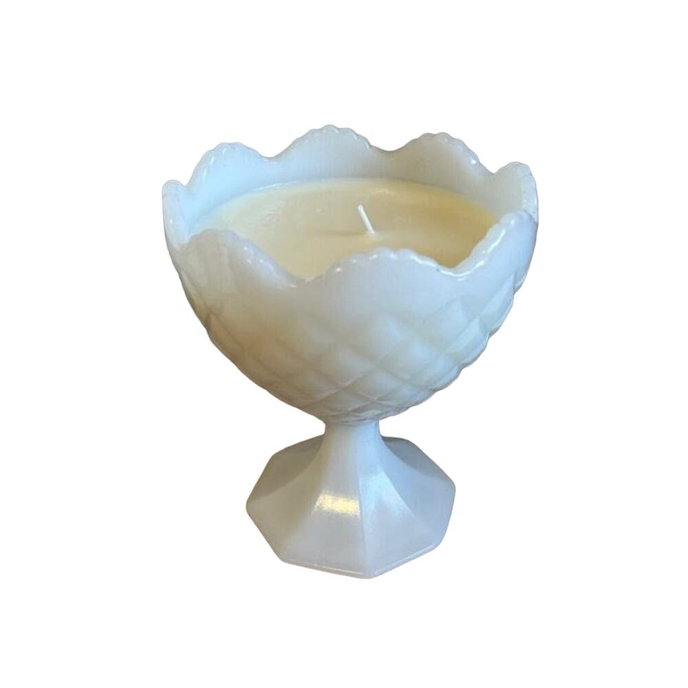 Milk glass compote with soy candle